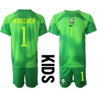 Koszulka piłkarska Brazylia Alisson Becker #1 Bramkarska Strój wyjazdowy dla dzieci MŚ 2022 tanio Krótki Rękaw (+ Krótkie spodenki)